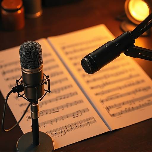 Image of a microphone and sheet music, representing the 'Timeless Classics' audiobook narrated and recorded at Resonance Records.