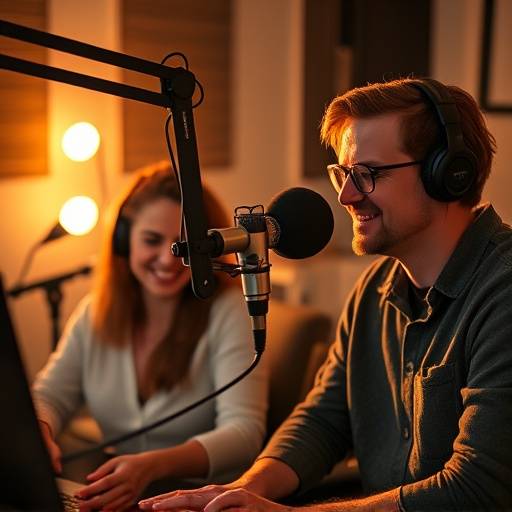 Two people recording a podcast at Resonance Records